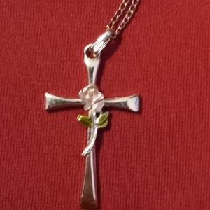 STERLING SILVER CROSS WITH ENAMELED COLORED ROSE NECKLACE